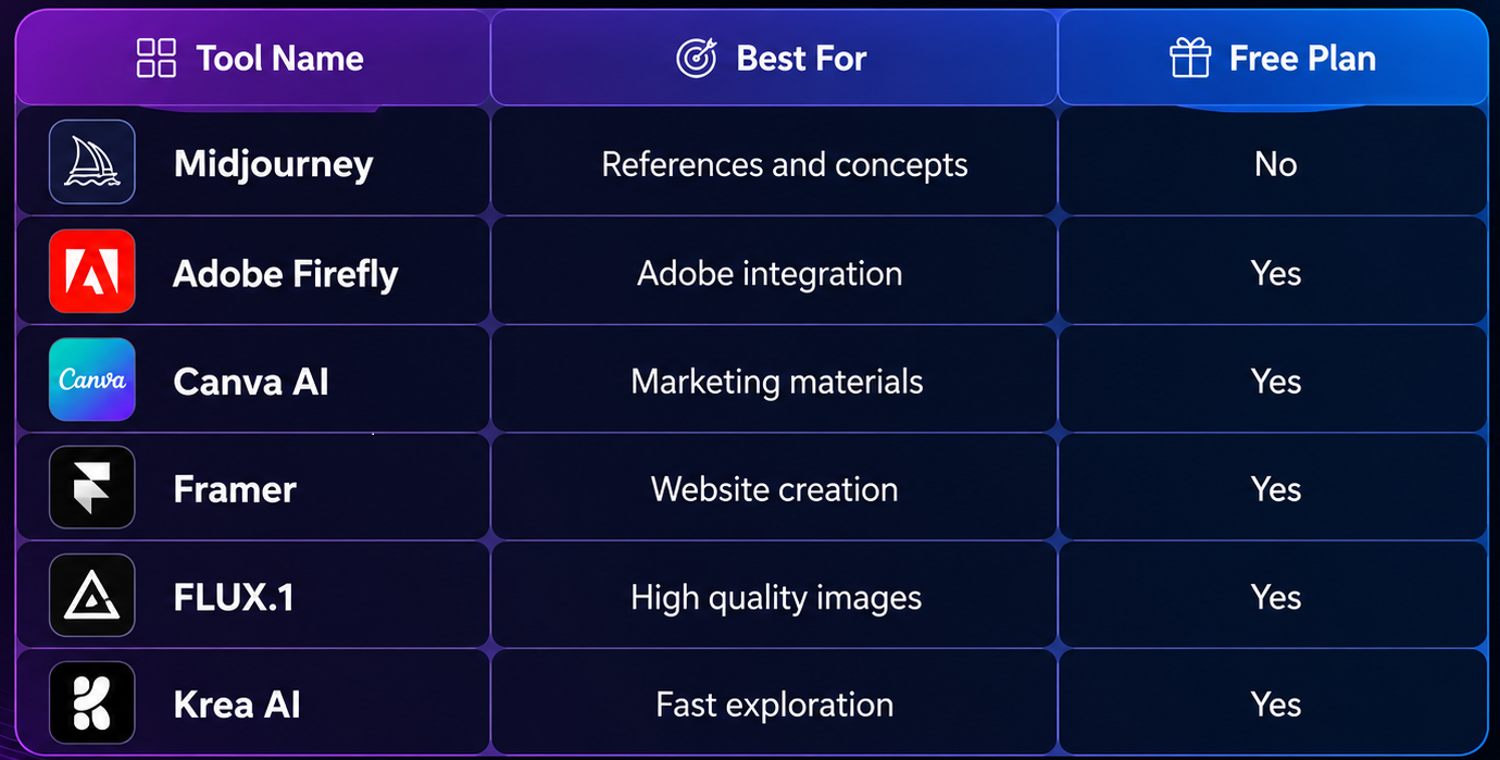 ``` Tabela comparativa das melhores IAs para designers: Midjourney, Adobe Firefly, Canva AI, Framer, FLUX.1 e Krea AI ```